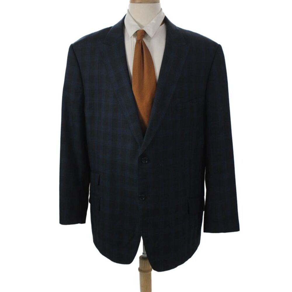Tiglio Mens 2 Button Plaid Wool Blue Blazer Size 54